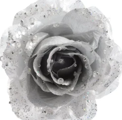 Decoris Weihnachtsschmuck Rose mit Clip D 14 cm silber