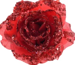 Decoris Weihnachtsschmuck Rose mit Clip D 14 cm rot