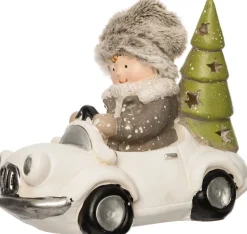Intratuin Weihnachtsdeko Mädchen in Auto weiß / creme LED 20,5 x 11 x 16 cm