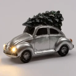 Intratuin Weihnachtsdorf Auto Beetle mit Weihnachtsbaum silber 11 x 5,3 x 7 cm