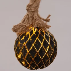 Weihnachtsleuchte mit Seil schwarz / gold D 10 cm mit 8 LEDs warmweiß